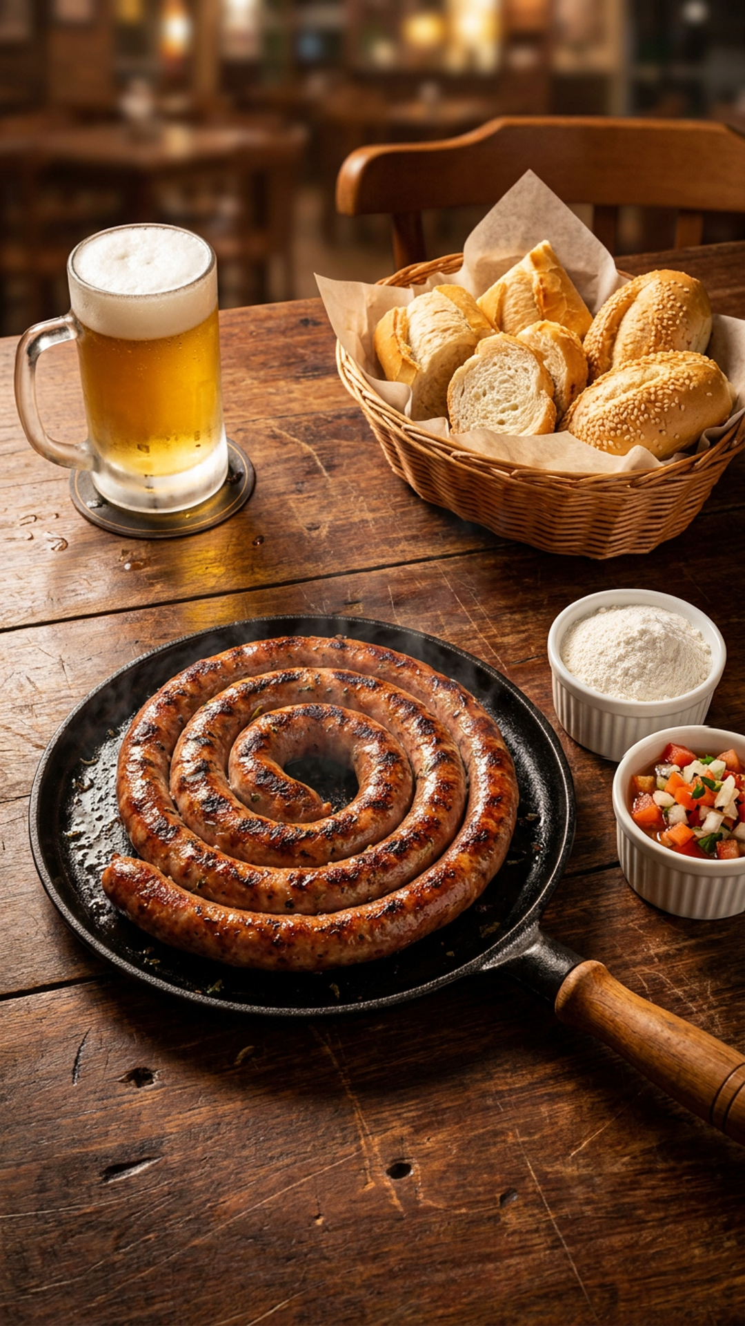Linguiça artesanal do Sete Gatos com cerveja, pães e acompanhamentos